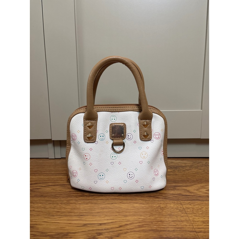 Mini Smiley Face Print Faux Leather Satchel Bag Tan Trim White Studded Y2K Style